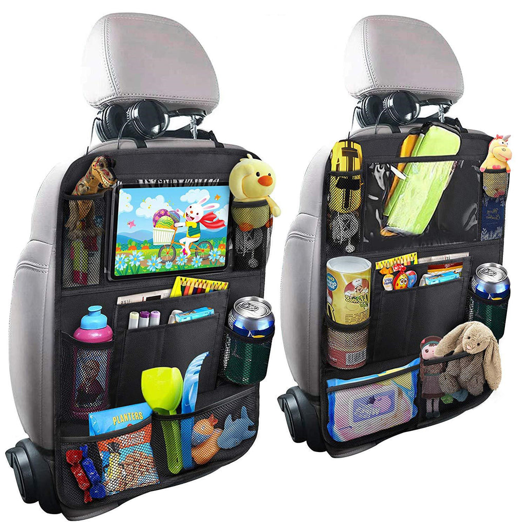 Two Trekkaboo Kick-Mat Organizers mounted on front seatbacks with tablet, bottles, and toys in the pockets