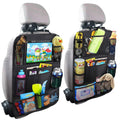 Two Trekkaboo Kick-Mat Organizers mounted on front seatbacks with tablet, bottles, and toys in the pockets