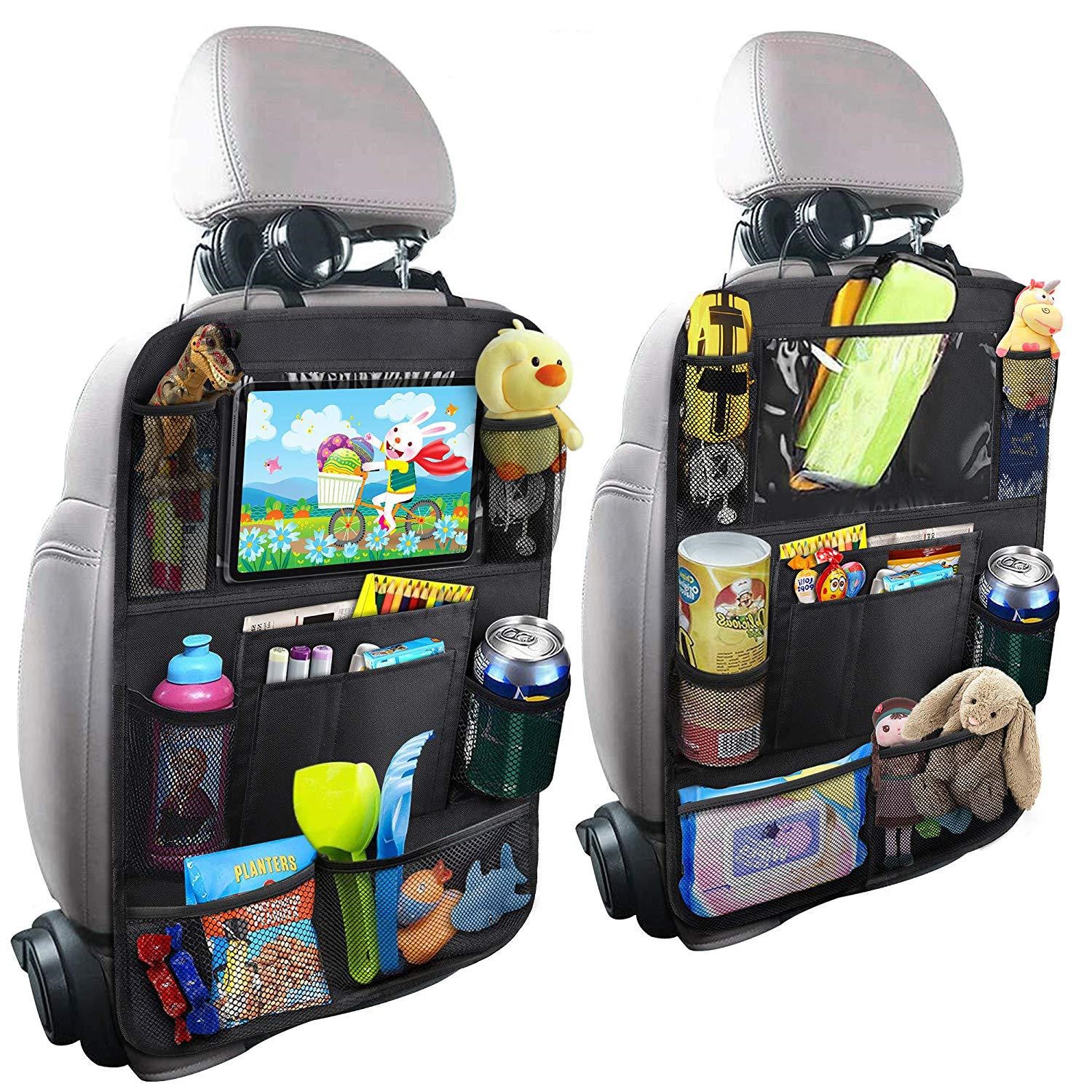 Two Trekkaboo Kick-Mat Organizers mounted on front seatbacks with tablet, bottles, and toys in the pockets