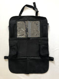 Trekkaboo Kick-Mat Organizer flat detail showing the clear tablet pocket and mesh storage pockets