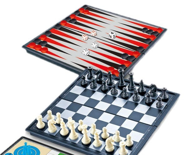 Close-up of the magnetic chess and backgammon boards with pieces in place
