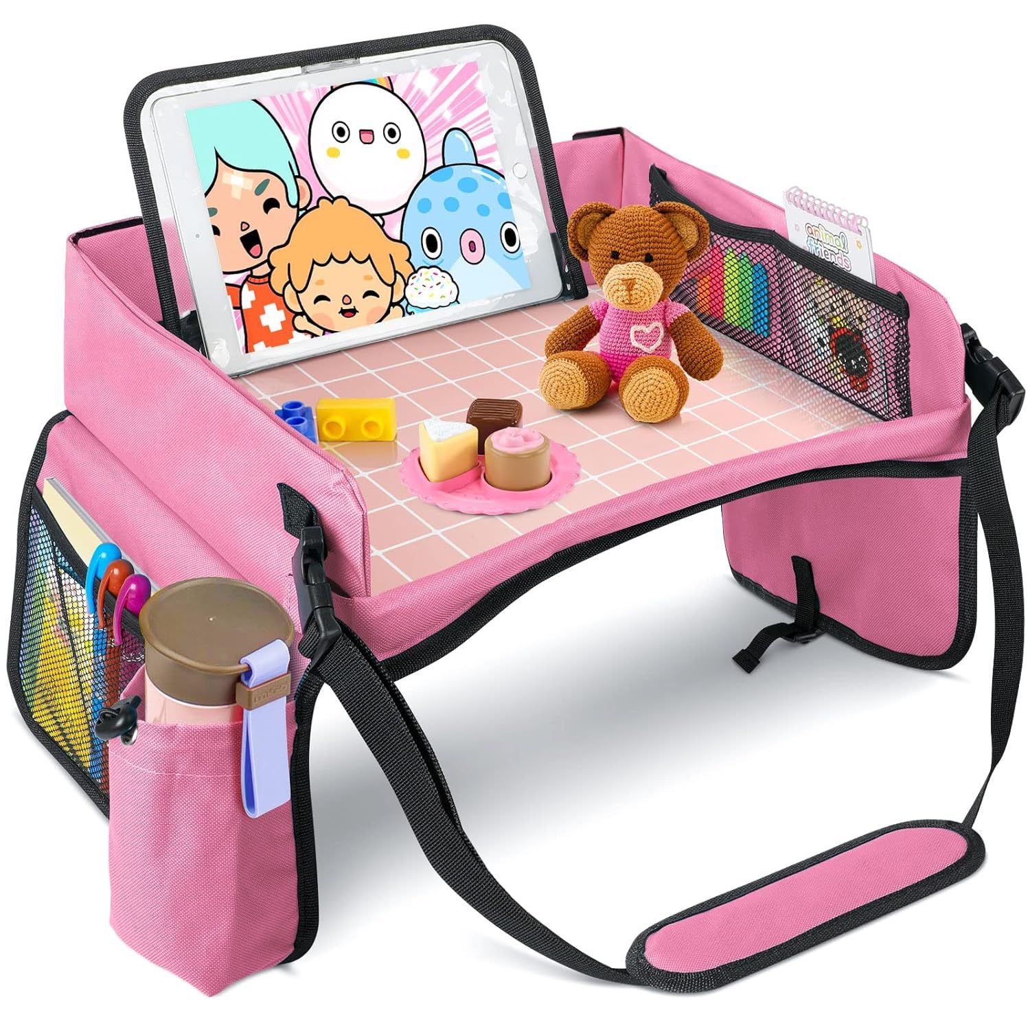 Trekkaboo Travel Tray in Blush Pink with a tablet held at eye level in the stand