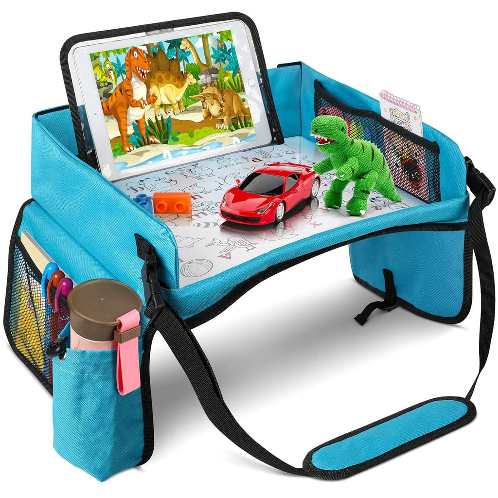 Trekkaboo Travel Tray in Sky Blue, alternate angle showing the cup holder and adjustable straps