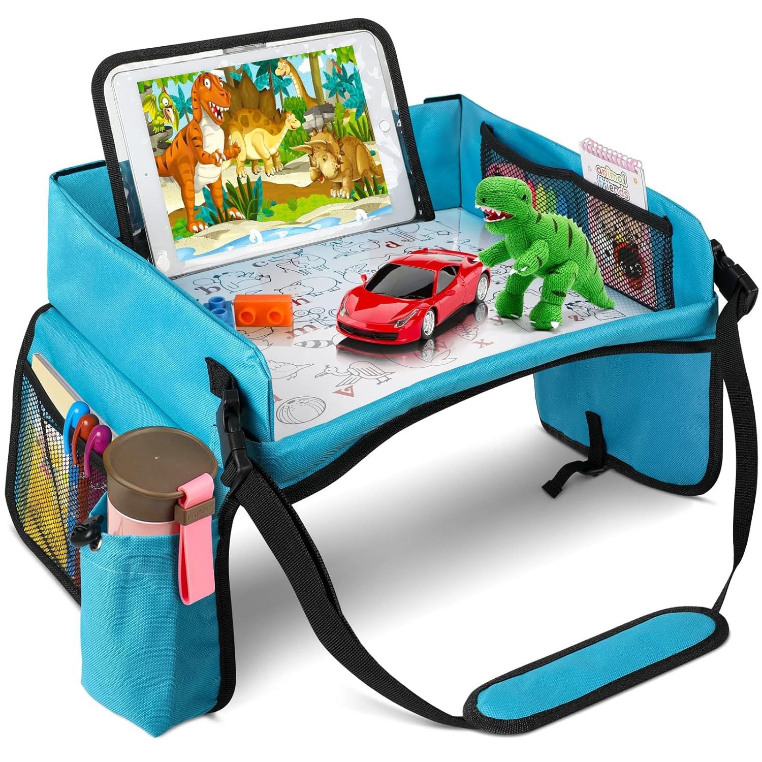 Trekkaboo Travel Tray in Sky Blue, alternate angle showing the cup holder and adjustable straps